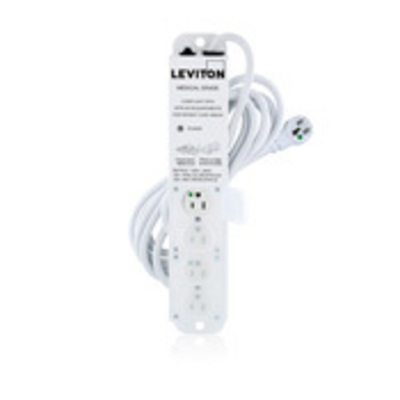 Leviton 5304M-1N5 Leviton 5304M-1N5 Power Strip; 4 Outlet, Locking Covers, Medical Grade, 15 Amp, 125 Volt, 15 ft 14/3 AWG SJT Cord with Right Angle NEMA 5-15P Plug